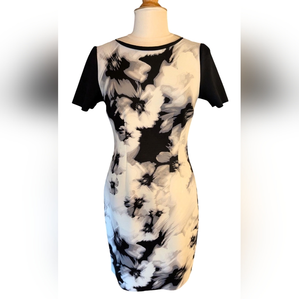 T Tahari Monochrome Black And White Stretchy Floral Midi Dress Size 6